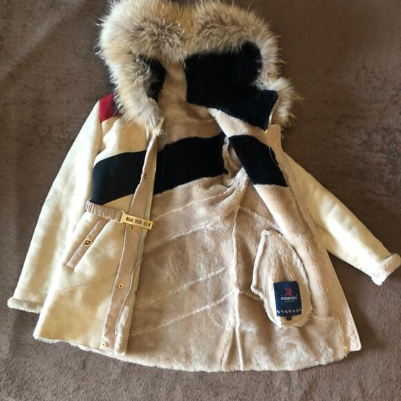 Children Sheepskin Coat Jacket with Hood Trimmed Natural Fur Size 128 & Belt - Picture 3 of 5
